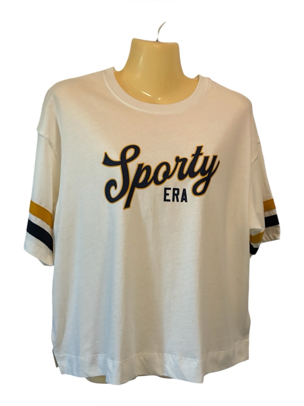 Old Navy Sporty Era Tee Retro Football Style White Navy Gold Imprinted Logo Med